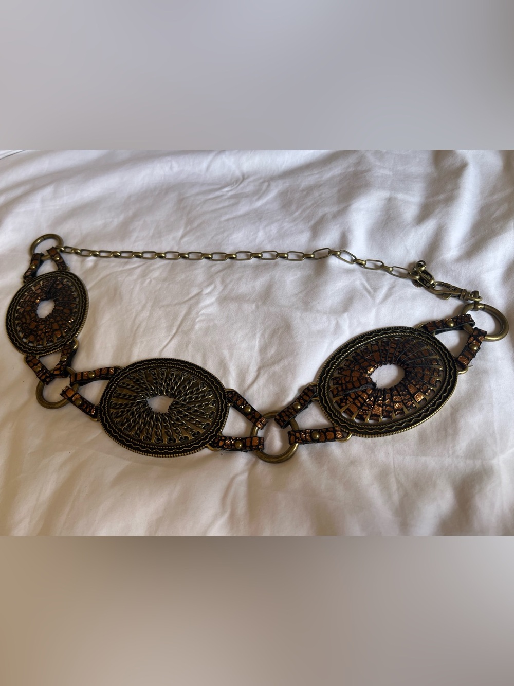 Vintage Antique Chicos Brass-Tone Statement Waist Chain Belt Brown Accent